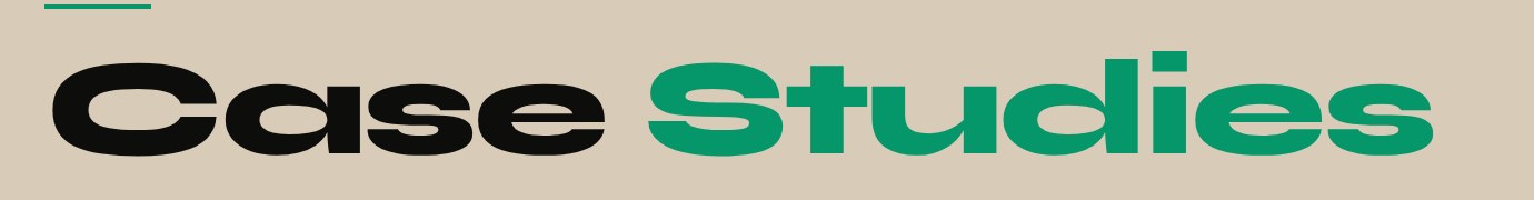 The homepage heading Case Studies, with the word Studies in bright green on the tan paper background.