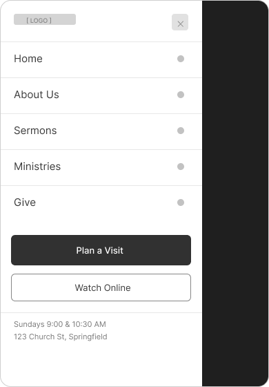 Mobile wireframe M1 drawer open state — all 5 nav links and CTAs accessible at 390px