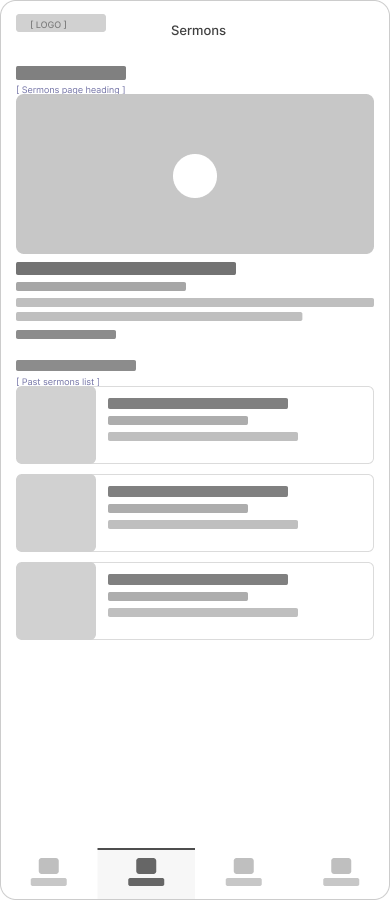Mobile wireframe M2 sermons tab active — dedicated sermon browse experience at 390px