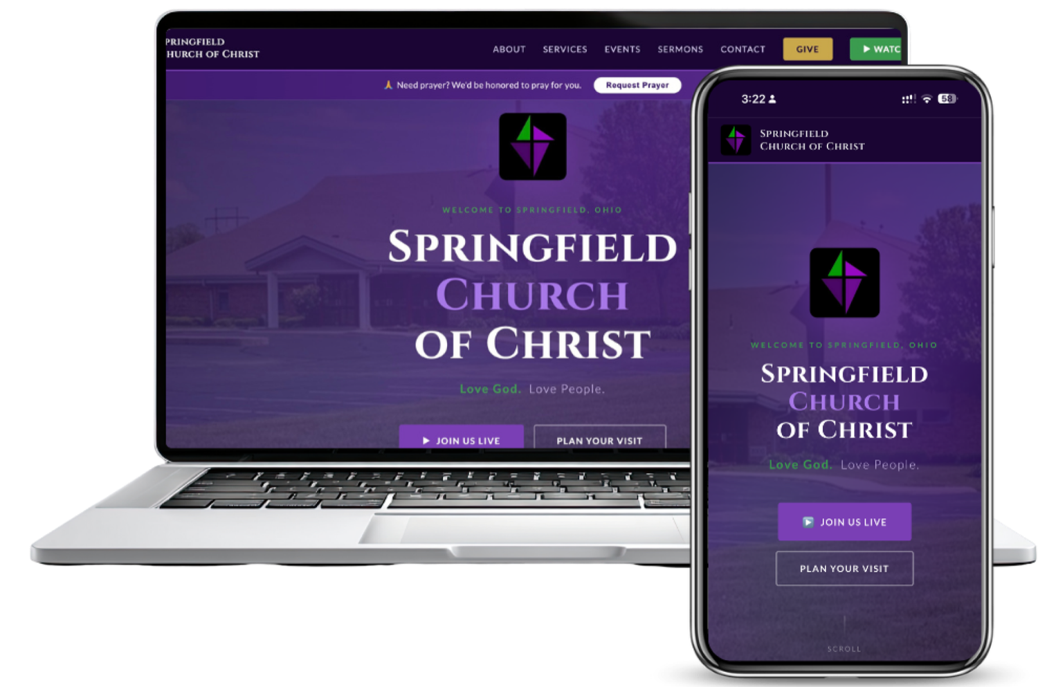 The redesigned Springfield Church of Christ website shown on a laptop and a phone.