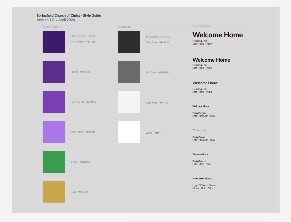Springfield Church of Christ style guide — brand colors, neutrals, and typography